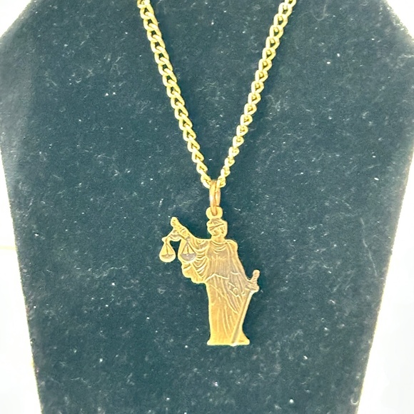 2/$20 Lady Justice, gold tone pendant & chain. 18” long. Lobster clasp. - Picture 12 of 14